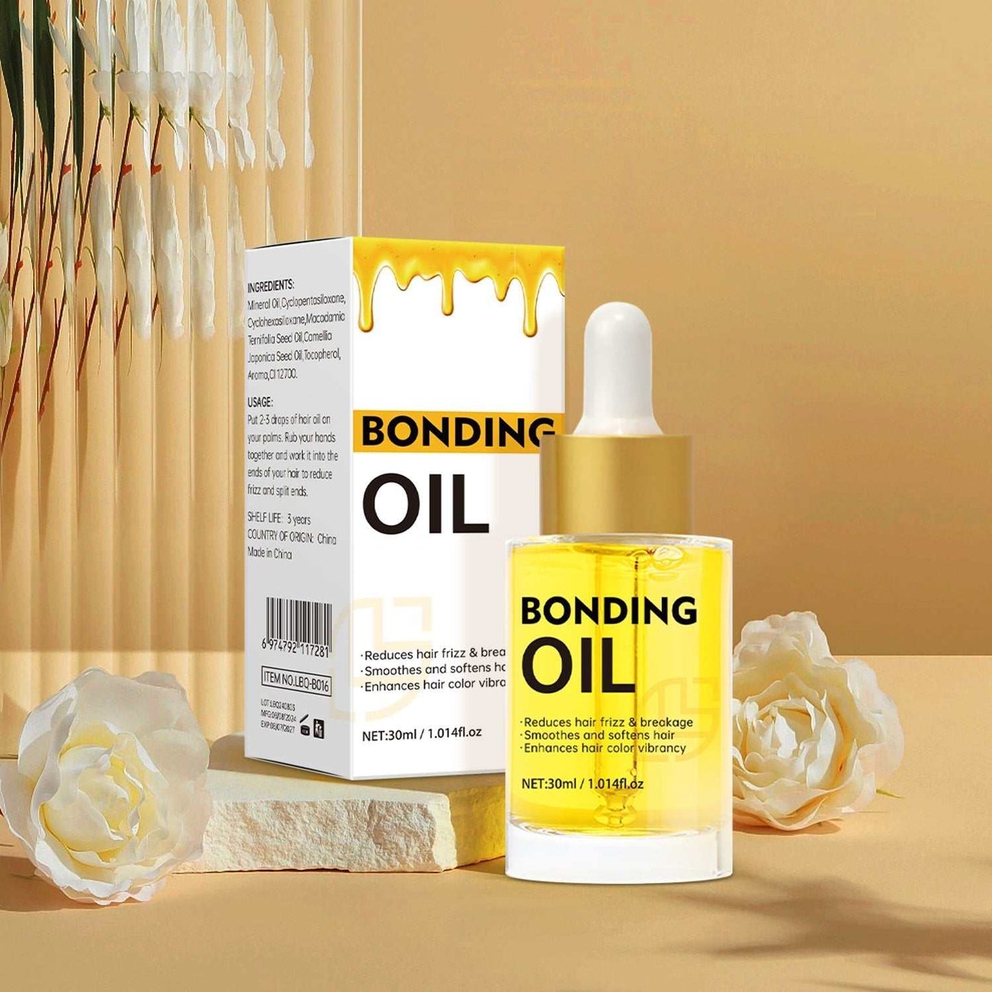 Bouteille d'huile de soin capillaire nourrissante pour cheveux doux et brillants